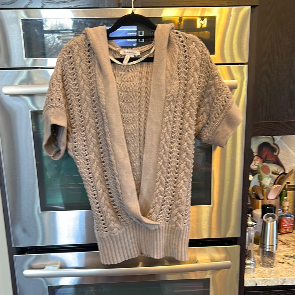 BCBGeneration Taupe Open-Knit Short Sleeve Cardigan